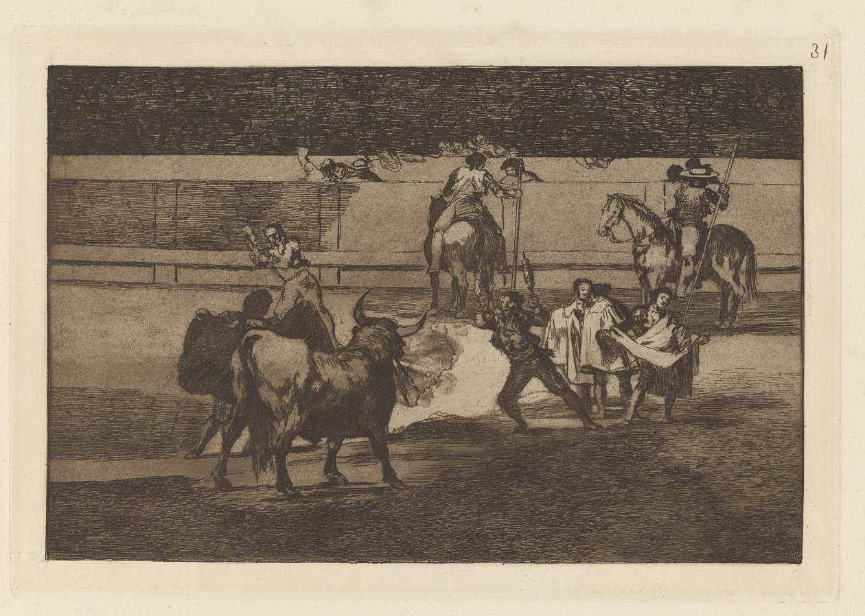 Banderillas mit Feuerwerkskörpern, Tafel 31 aus La tauromaquia von Francisco de Goya