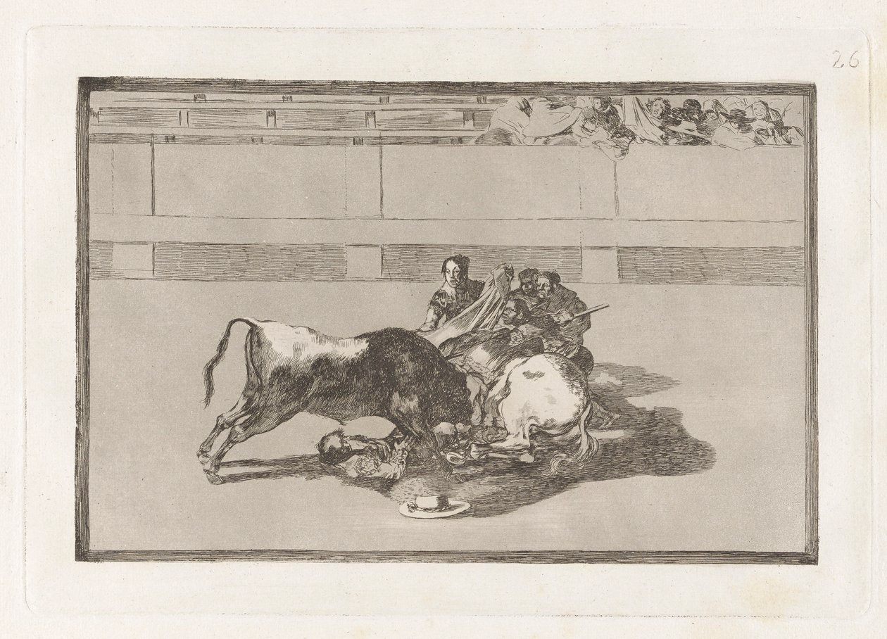 Caida de un picador de su caballo debajo del toro (Ein Picador wird abgeworfen und fällt unter den Stier), Platte 26 aus La tauromaquia von Francisco de Goya