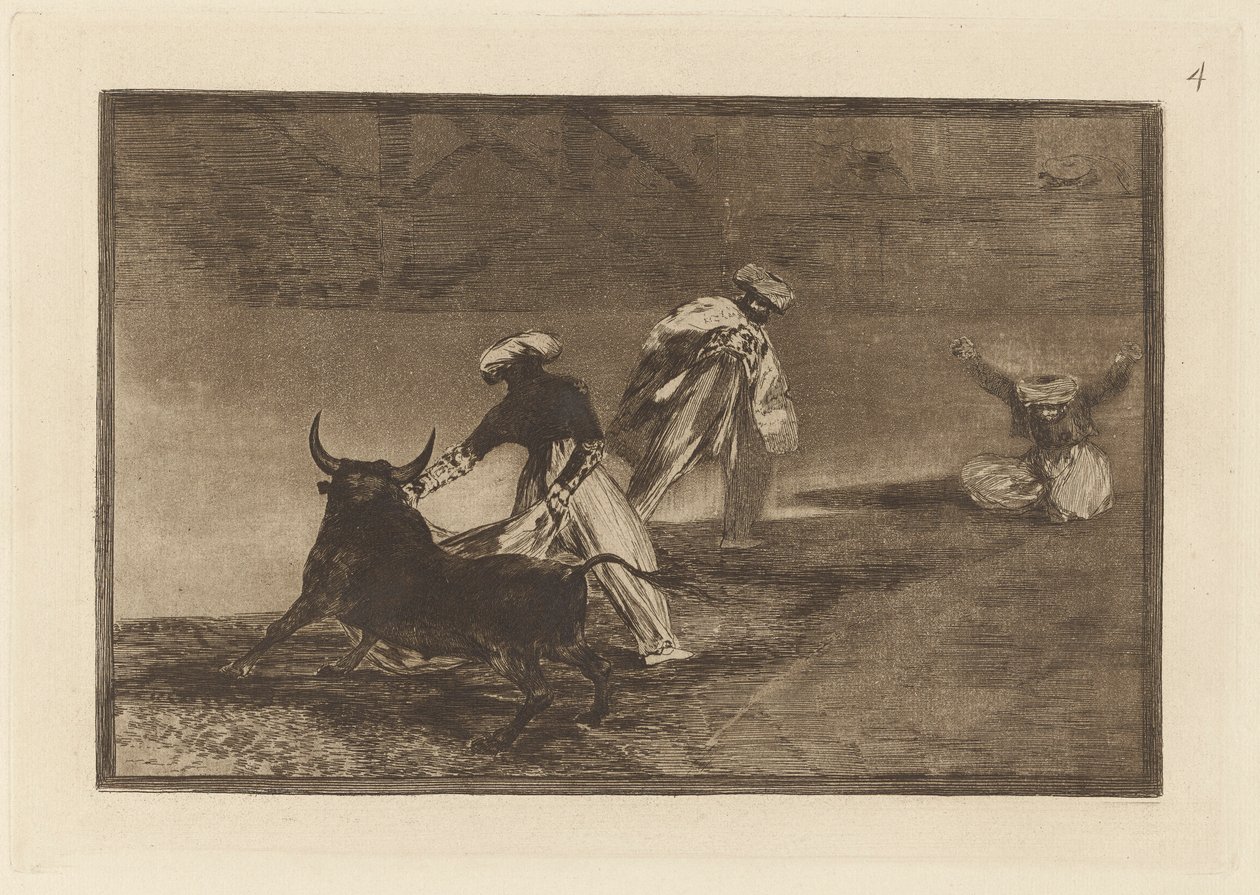 Capeau otro encerrado (Sie spielen einen anderen mit dem Umhang im Gehege), Platte 4 aus La tauromaquia von Francisco de Goya