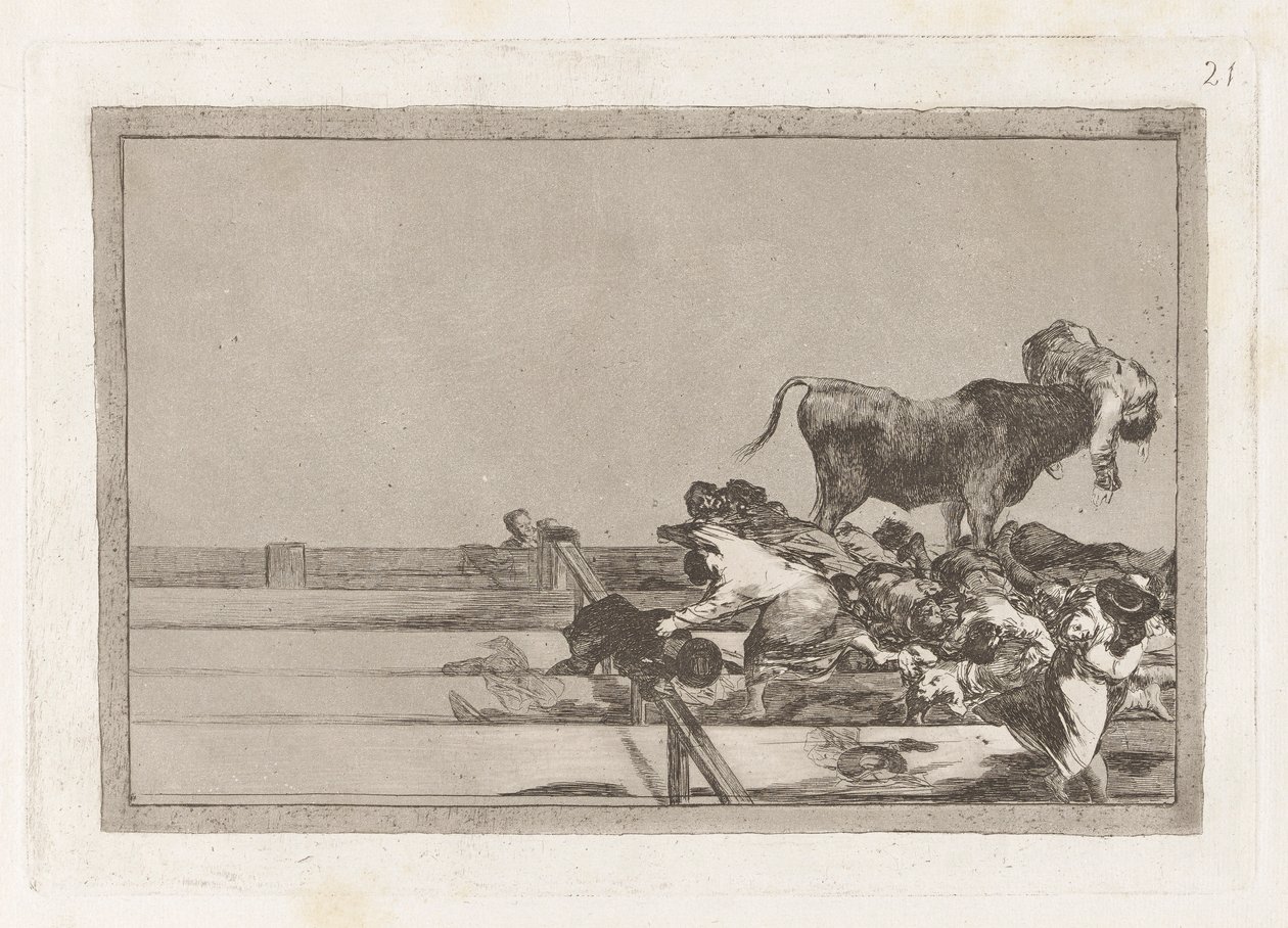 Desgracias acaecidas en el tendido de la plaza de Madrid, y muerte del alcalde de Torrejon (Schreckliche Ereignisse in den vorderen Reihen des Rings in Madrid und Tod des Bürgermeisters von Torrejon), Platte 21 aus La tauromaquia von Francisco de Goya