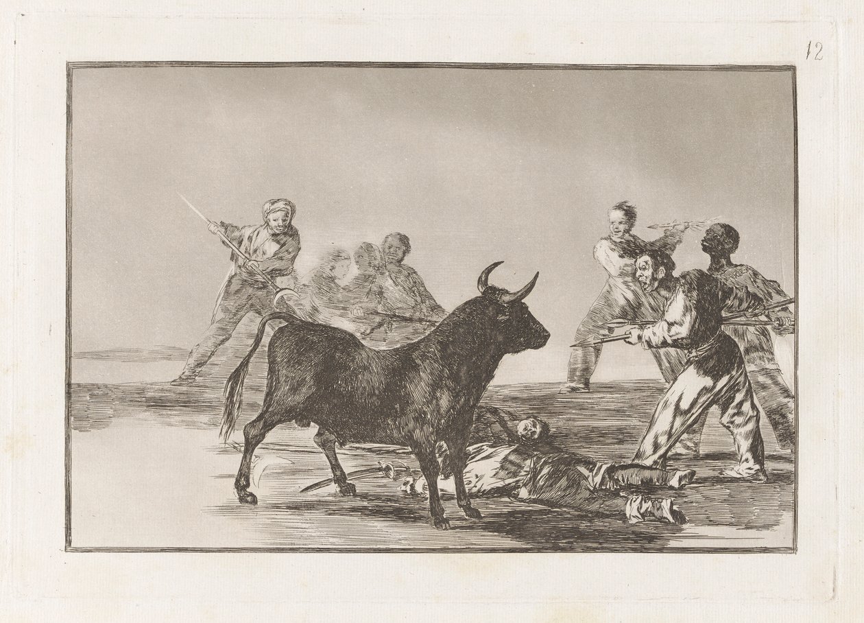 Die Pöbel hamstringen den Stier mit Lanzen, Sicheln, Banderillas und anderen Waffen, Platte 12 aus La tauromaquia von Francisco de Goya