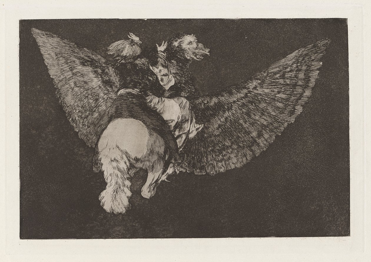 Fliegende Torheit, auch bekannt als Verleugne den Freund, der dich mit seinen Flügeln bedeckt und mit seinem Schnabel beißt, aus der Serie Los disparates (Los proverbios) von Francisco de Goya