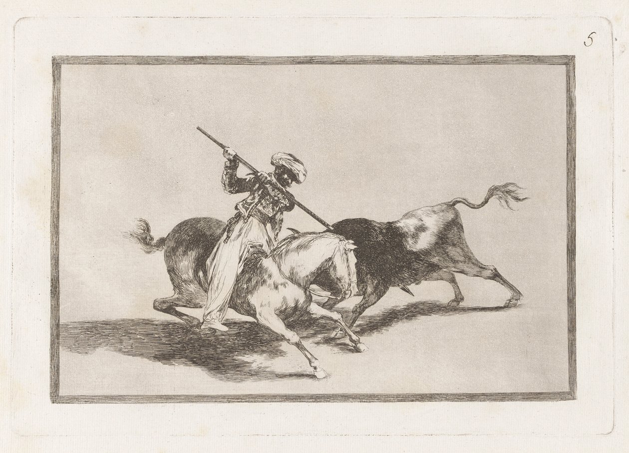 Der mutige Maure Gazul ist der Erste, der Stiere nach den Regeln speert, Platte 5 aus La tauromaquia von Francisco de Goya