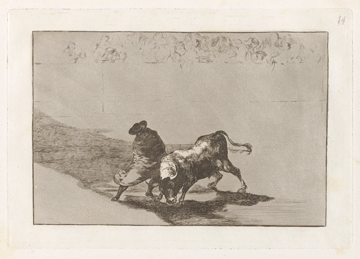 Der sehr geschickte Student von Falces, in seinen Umhang gehüllt, trickst den Stier mit seinen Bewegungen aus, Platte 14 aus La tauromaquia von Francisco de Goya