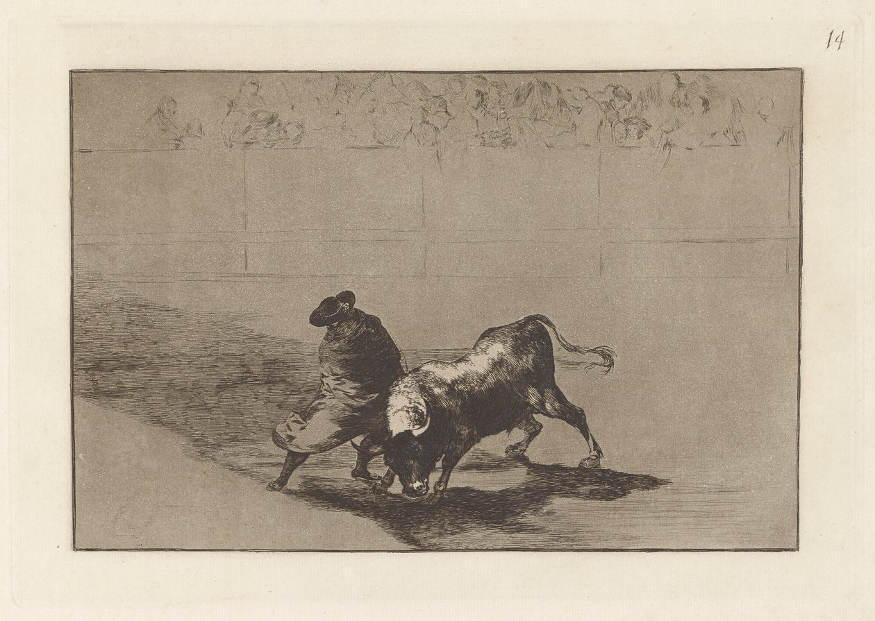 Der sehr geschickte Student von Falces, in seinen Umhang gehüllt, trickst den Stier mit seinen Bewegungen aus, Platte 14 aus La tauromaquia von Francisco de Goya