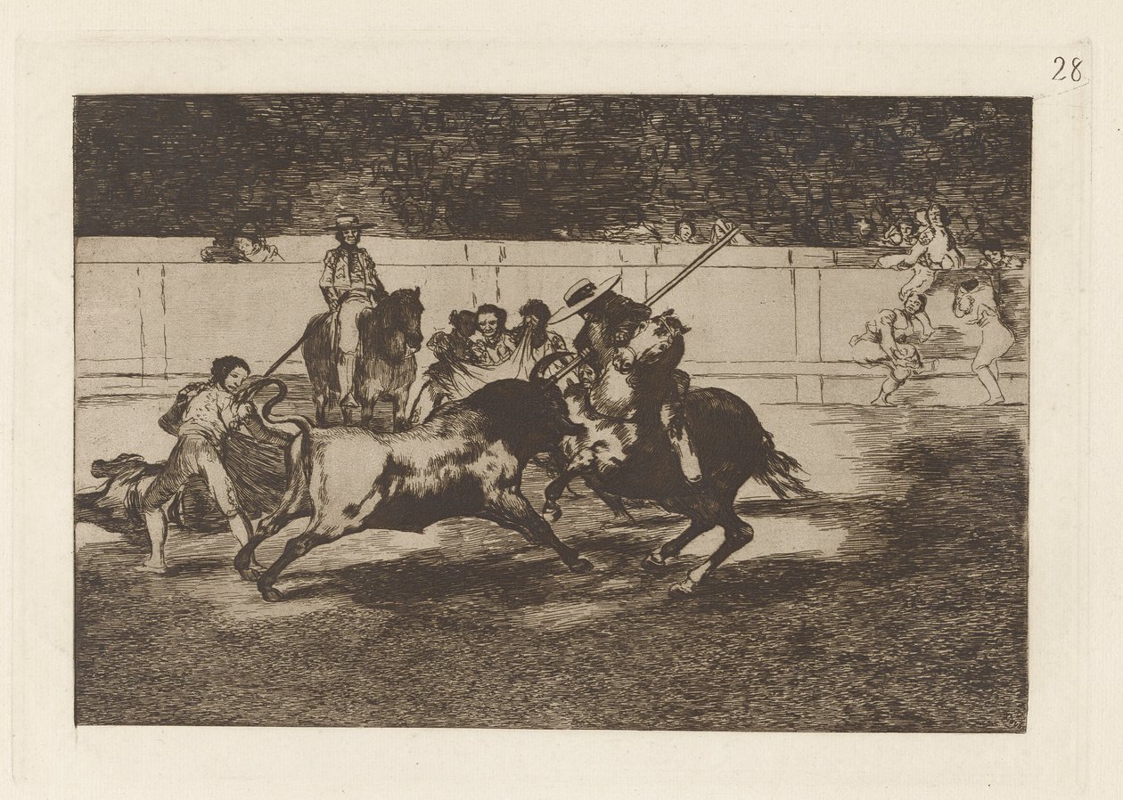 El esforzado Rendon picando un toro, de cuya suerte murió en la plaza de Madrid (Der kraftvolle Rendon sticht einen Stier mit der Pique, an dessen Folge er in der Arena von Madrid starb), Platte 28 aus La tauromaquia von Francisco de Goya