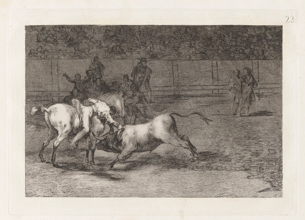 Mariano Ceballos, alias der Indianer, tötet den Stier von seinem Pferd aus, Platte 23 aus La tauromaquia von Francisco de Goya