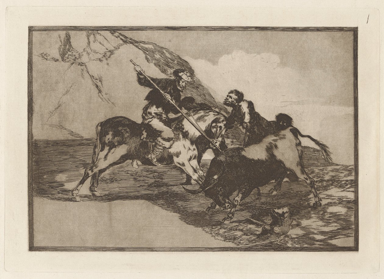 Die Art und Weise, wie die alten Spanier Stiere zu Pferd auf dem offenen Land jagten, Platte 1 aus La tauromaquia von Francisco de Goya