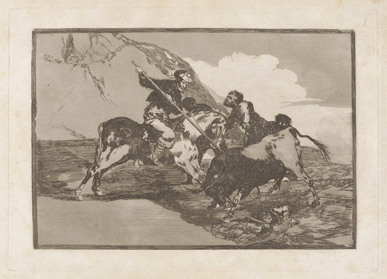 Die Art und Weise, wie die alten Spanier Stiere zu Pferd auf freiem Feld jagten, Platte 1 aus La tauromaquia von Francisco de Goya