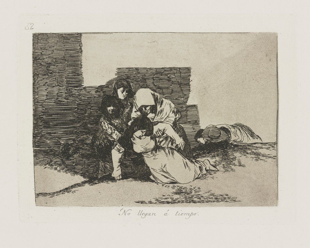 No llegan a tiempo. (Sie kommen nicht rechtzeitig.), pl. 52 aus der Serie Los desastres de la guerra (Die Schrecken des Krieges) von Francisco de Goya