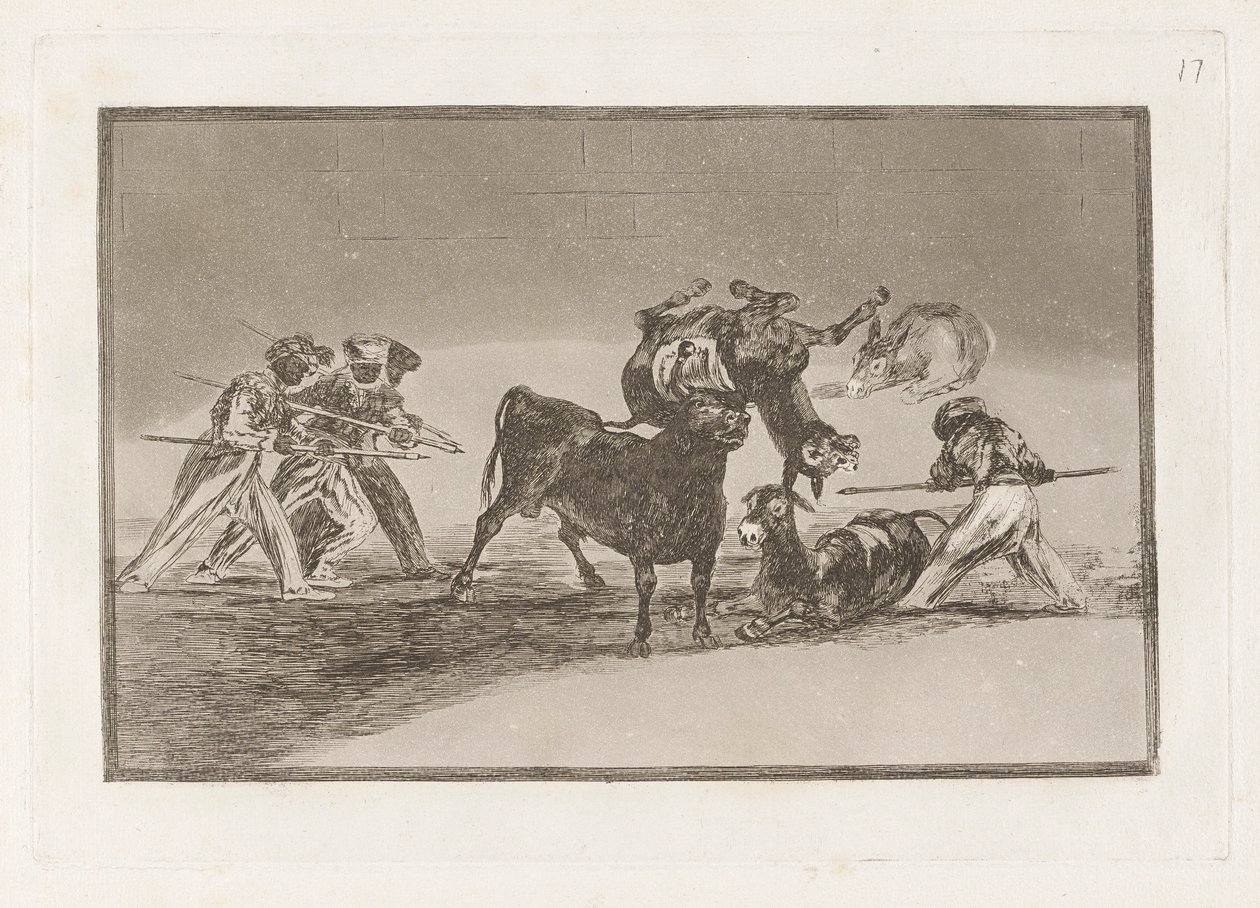 Die Mauren benutzen Esel als Barriere, um sich gegen den Stier zu verteidigen, dessen Hörner mit Kugeln versehen sind, Platte 17 aus La tauromaquia von Francisco de Goya