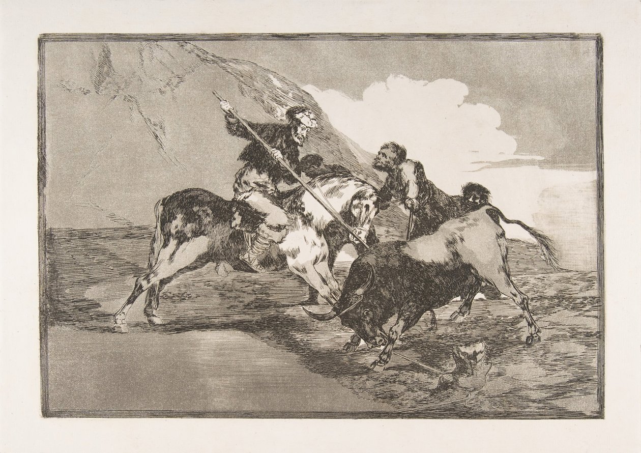 Tafel 1 aus der Tauromaquia: Die Art und Weise, wie die alten Spanier Stiere zu Pferd jagten, 1816 von Francisco de Goya