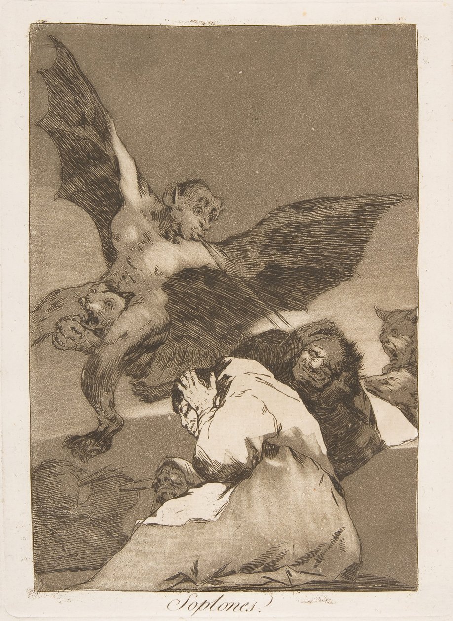 Platte 48 aus Los Caprichos: Geschichtenerzähler - Windstöße (Soplones) von Francisco de Goya