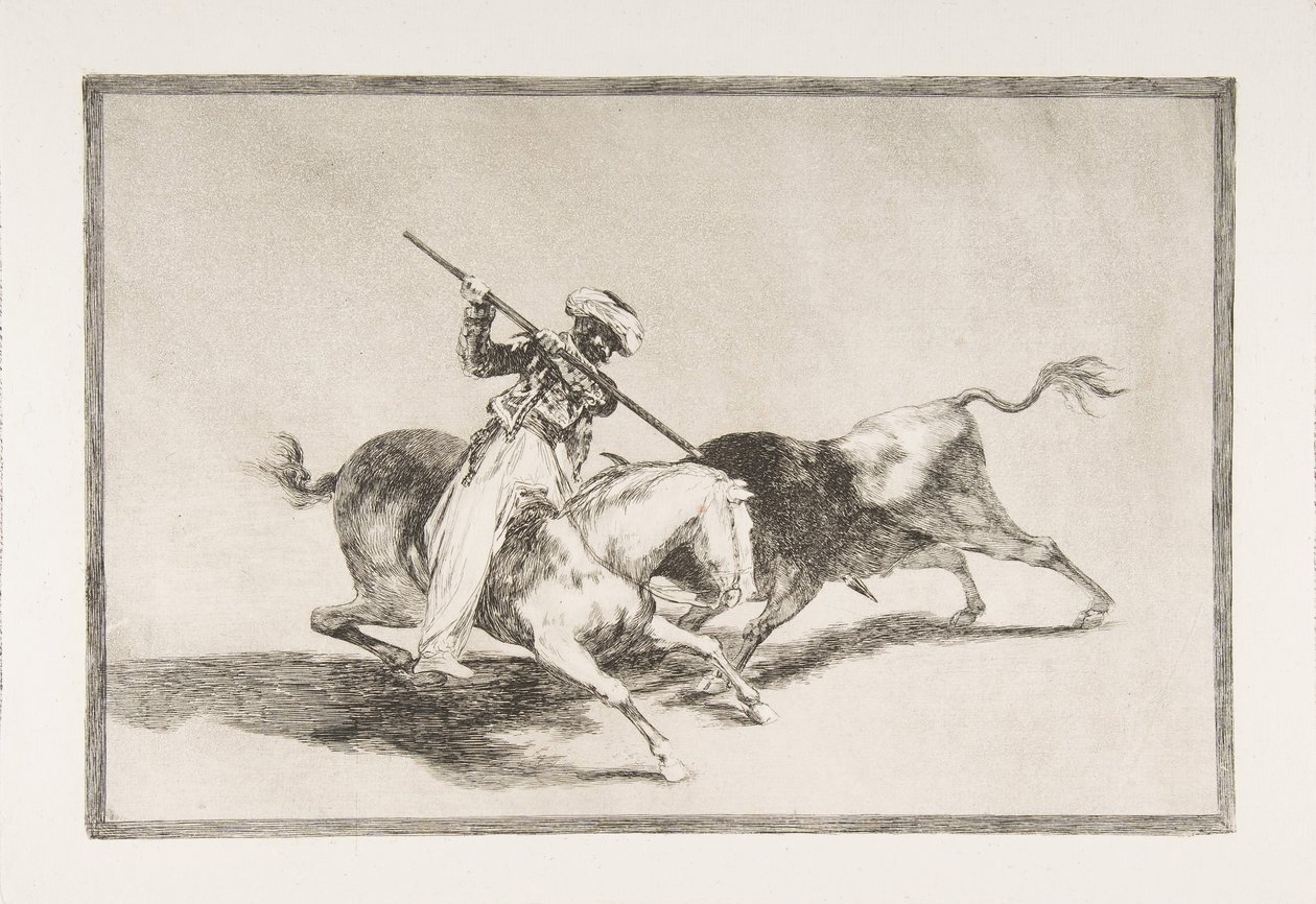 Platte 5 aus Der Tauromaquia: Der temperamentvolle Maure Gazul ist der erste, der Stiere spießt, 1816 von Francisco de Goya