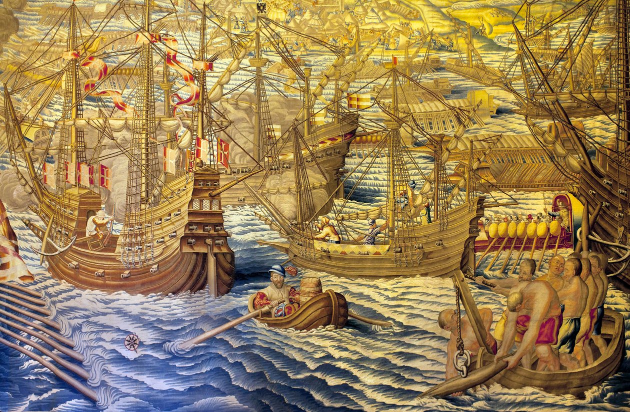 Schiffe und Barkassen (Detail) - Eroberung von Tunis - Tapisserie von Francisco und Cornelius Van der Goten (18. Jahrhundert), gewebt in der königlichen Tapisseriefabrik, Mitte des 18. Jahrhunderts, nach der Tapisserie des 16. Jahrhunderts von Willem de Pa von Francisco Ignacio Vandergoten Canyuwell