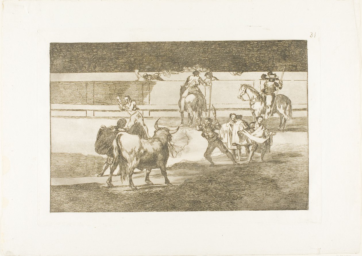 Banderillas mit Feuerwerkskörpern, Platte 31 aus Die Kunst des Stierkampfs von Francisco Jose de Goya y Lucientes