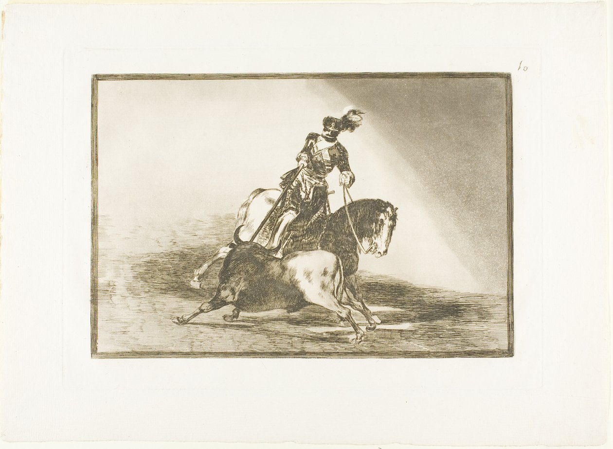 Karl V. spießt einen Stier in der Arena von Valladolid auf, Tafel zehn aus Die Kunst des Stierkampfs von Francisco Jose de Goya y Lucientes