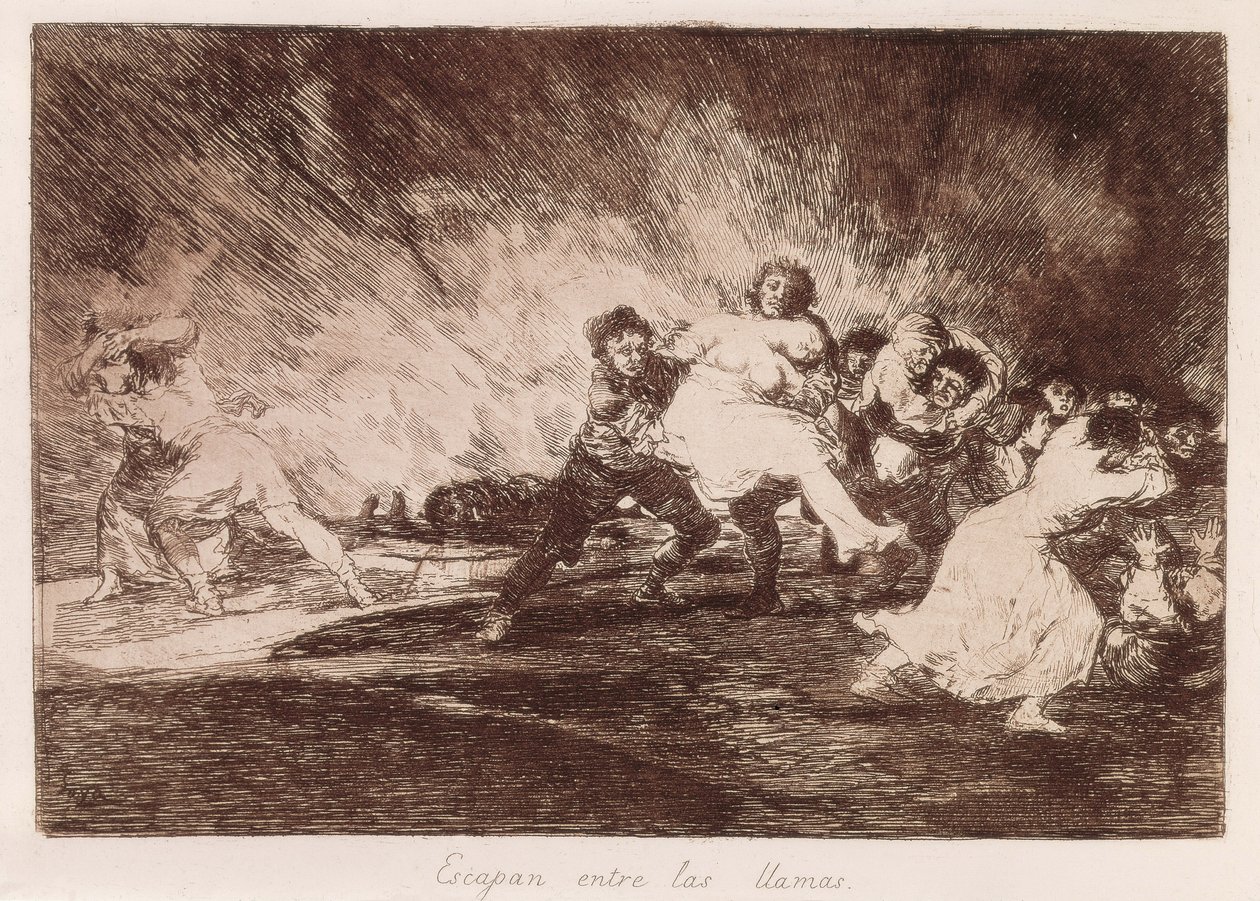 GOYA Y LUCIENTES, Francisco de (1746-1828). Sie fliehen durch die Flammen. 1810-1812. (16,1 x 23,3 cm). Platte 47 aus „Die Schrecken des Krieges“. Radierung. SPANIEN. MADRID (AUTONOME GEMEINSCHAFT). Madrid. Nationalbibliothek von Francisco Jose de Goya y Lucientes