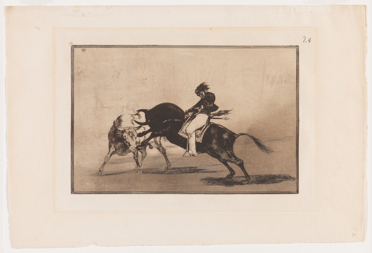 Tafel 24 aus La Tauromaquia: Der gleiche Ceballos auf einem anderen Stier bricht kurze Speere im Ring in Madrid von Francisco Jose de Goya y Lucientes