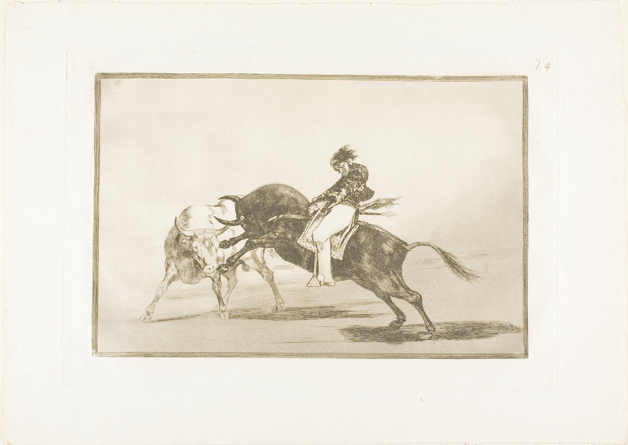Der gleiche Ceballos, auf einem anderen Stier reitend, bricht kurze Speere im Ring in Madrid, Platte 24 aus Die Kunst des Stierkampfs von Francisco Jose de Goya y Lucientes