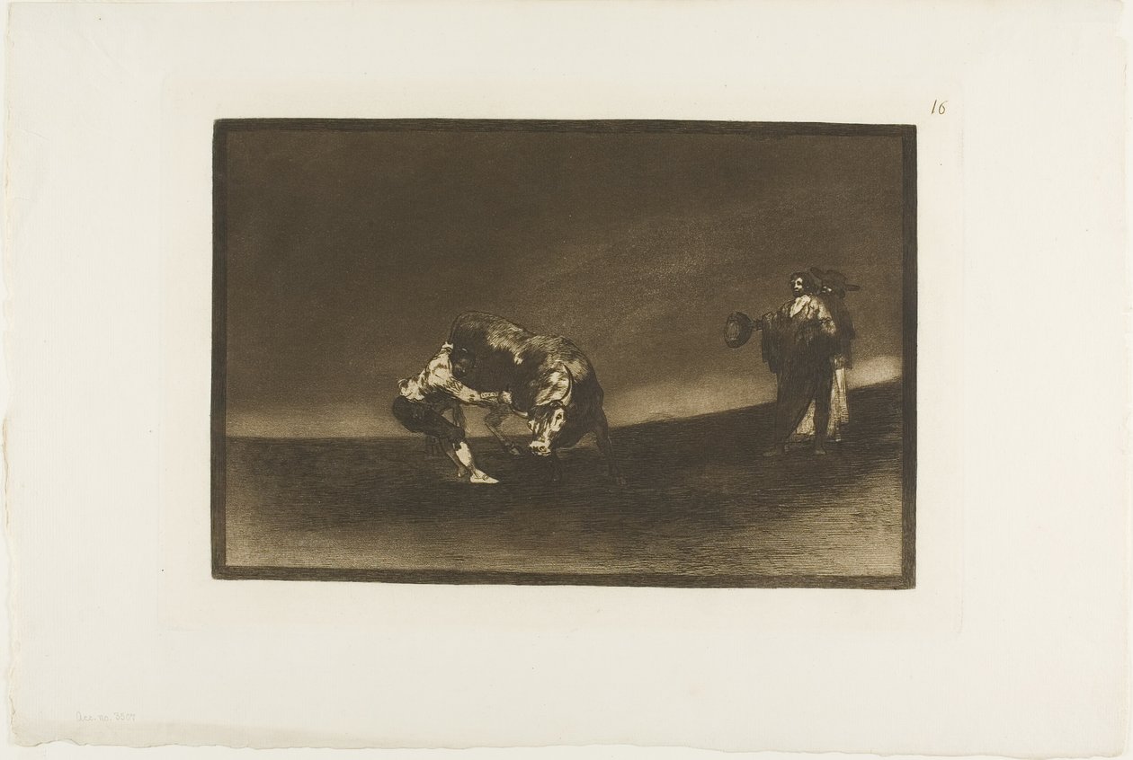 Der gleiche Mann wirft einen Stier in der Arena in Madrid, Platte 16 aus Die Kunst des Stierkampfs von Francisco Jose de Goya y Lucientes