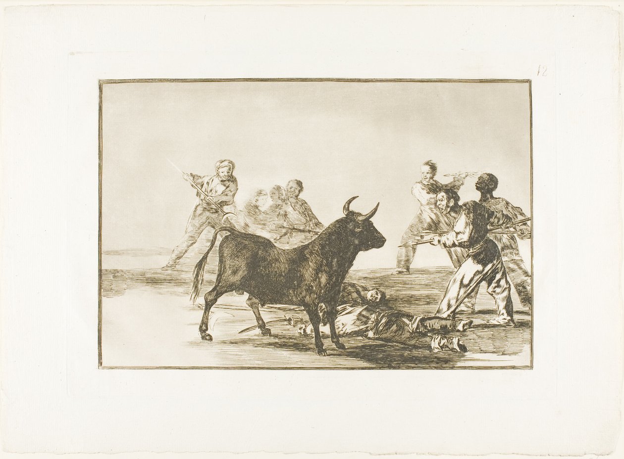 Das Gesindel lähmt den Stier mit Lanzen, Sicheln, Banderillas und anderen Waffen, Platte zwölf aus Die Kunst des Stierkampfs von Francisco Jose de Goya y Lucientes