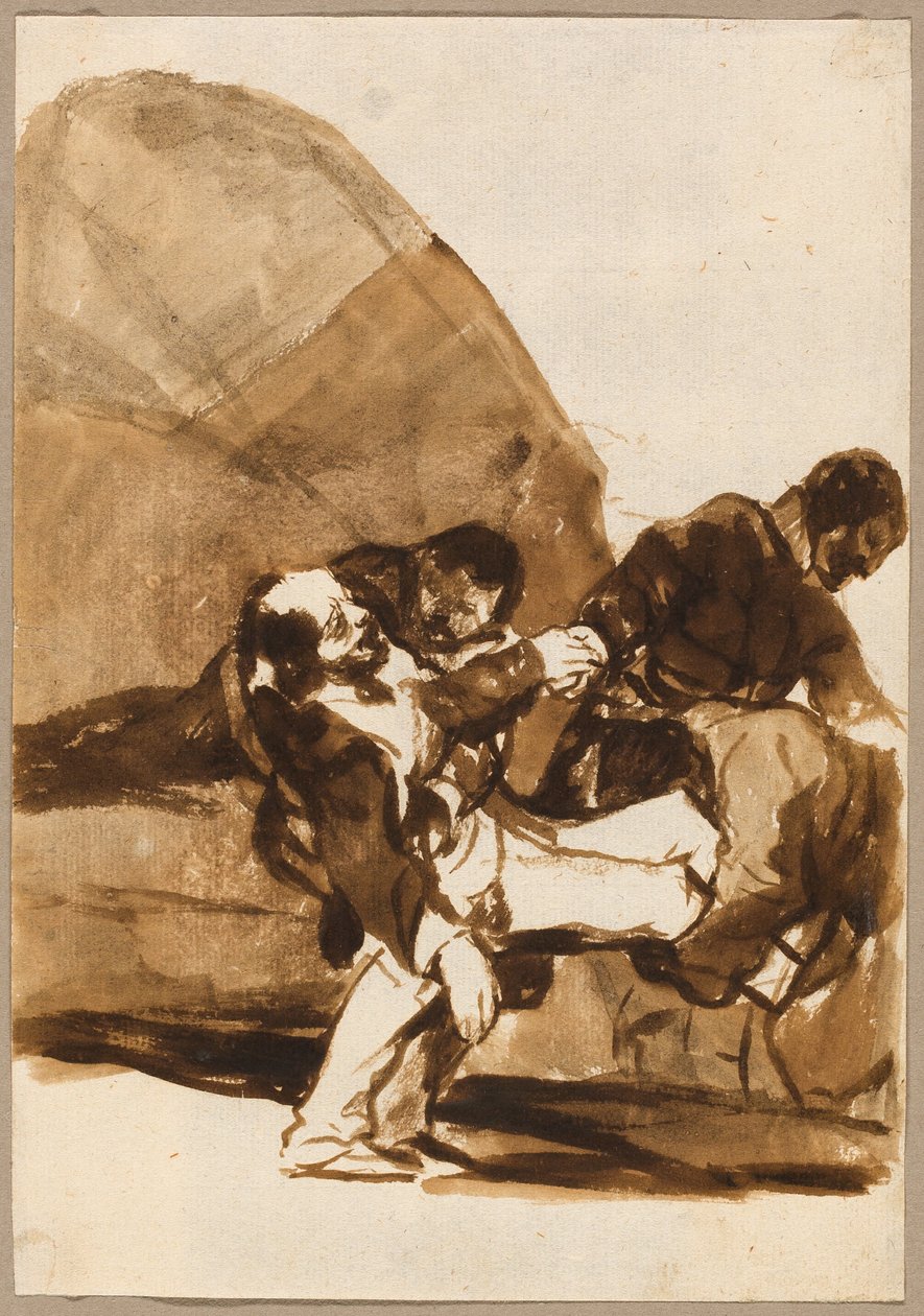 Drei Männer tragen einen verwundeten Soldaten, aus den Bildern Spaniens, Album F von Francisco Jose de Goya y Lucientes