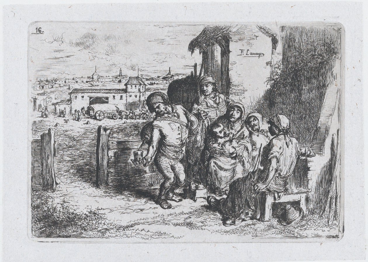 Tafel 16: eine Gruppe von Menschen im Freien, darunter ein Mann, der Wein oder Wasser aus einem Gefäß gießt..., 1850 von Francisco Lameyer Berenguer