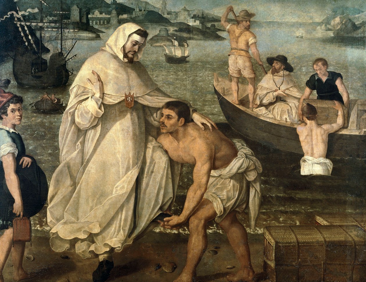 Der heilige Peter Nolasque (1189-1256) geht an Bord, um christliche Geiseln zu befreien, die von maurischen Piraten gefangen gehalten werden, um als Sklaven in Afrika verkauft zu werden (Gemälde) von Francisco Pacheco