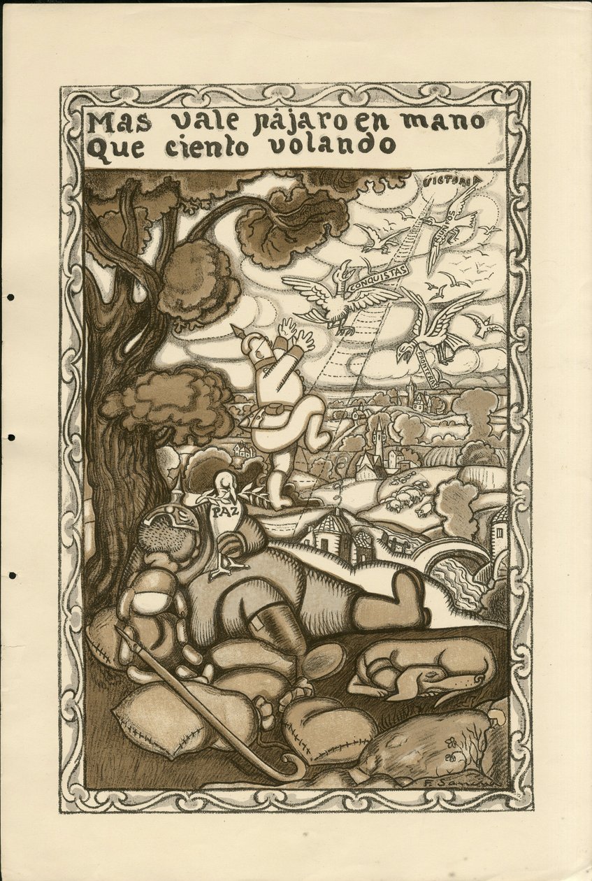 Illustration von Francisco Sancha Lengo (1874-1936) - Flugblatt, ca. 1915 - Mas vale pajaro en mano que ciento volando - Krieg von 14-18, Deutschland Preußen, Kriegsteilnehmer und Symbole, Sieg, Frieden, Spanische Sprache, Ausländische Presse von Francisco Sancha y Lengo