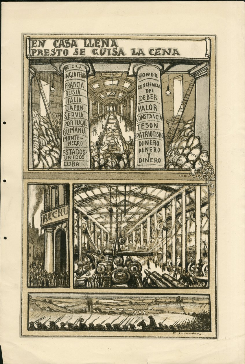 Illustration von Francisco Sancha Lengo (1874-1936) - Flugblatt, ca. 1915 - En casa llena presto se guisa la cena - Krieg von 14-18, Kanonen, Granaten, Industrielle Fabriken, Spanische Sprache, Mobilisierung, Ausländische Presse von Francisco Sancha y Lengo