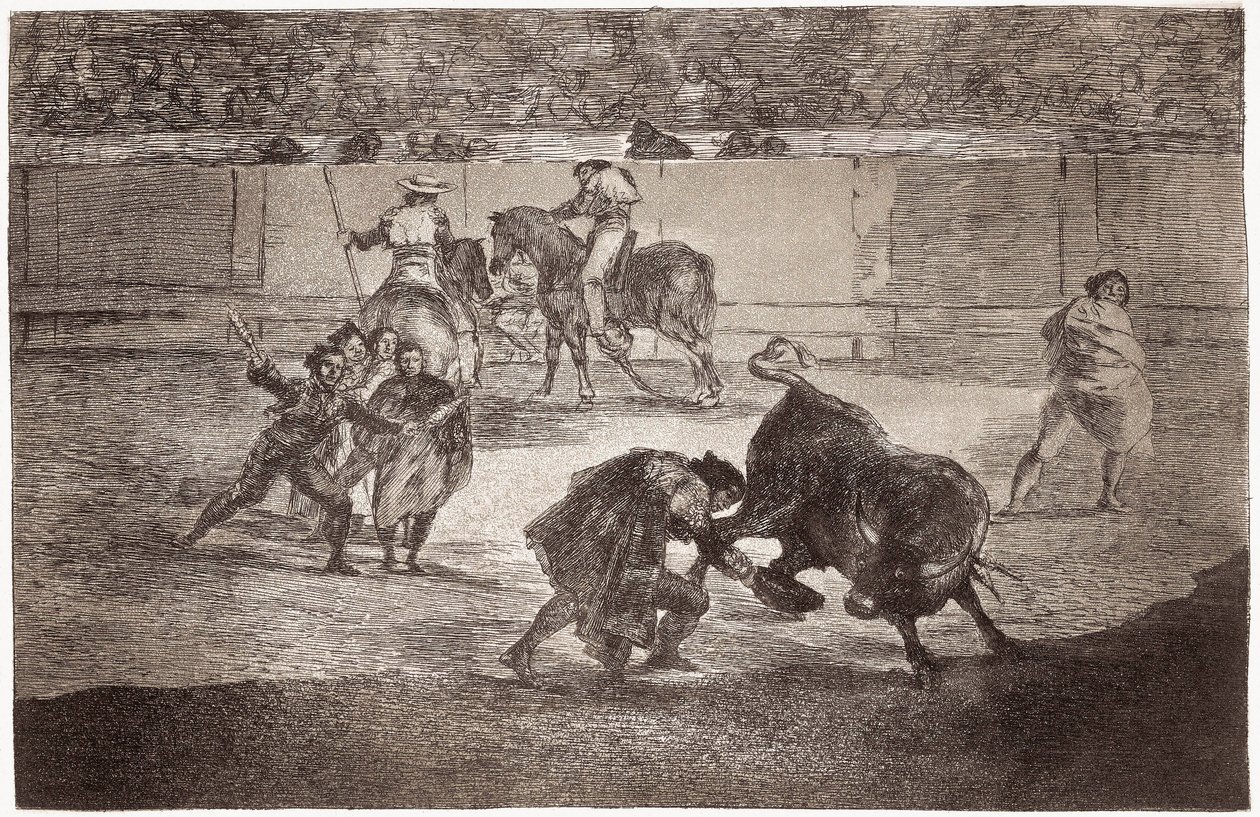 Stierkampf: Ein Stierkämpfer betritt die Arena, um den Stier mit einem Hut anstelle der Muleta zu töten von Francisco de Goya
