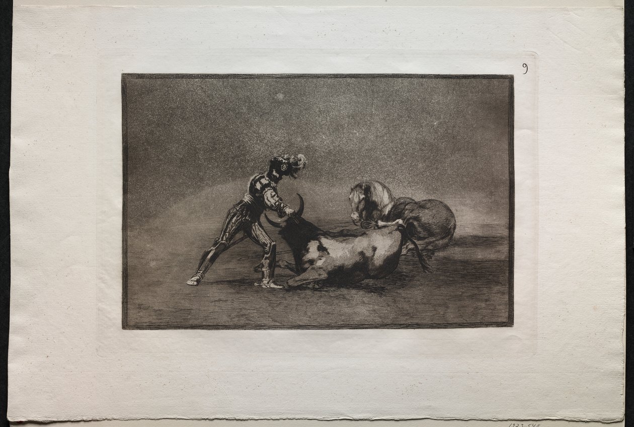 Stierkämpfe: Ein spanischer Ritter tötet den Stier, nachdem er sein Pferd verloren hat von Francisco de Goya