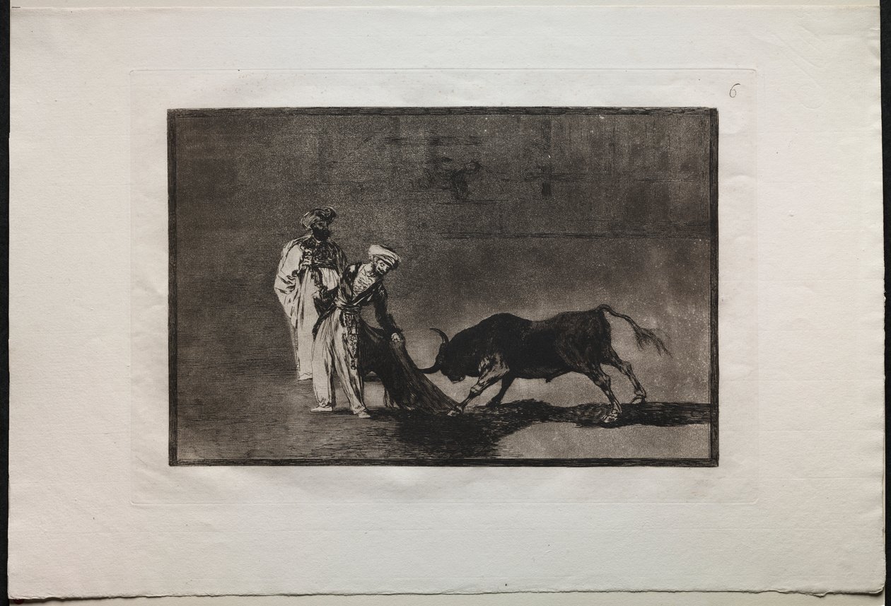 Stierkämpfe: Die Mauren machen ein anderes Spiel im Ring und rufen den Stier mit dem Burnous von Francisco de Goya