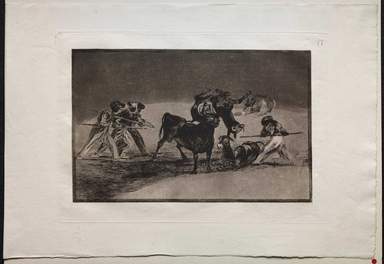 Stierkämpfe: Die Mauren benutzen Esel als Barriere, um sich gegen den Stier zu verteidigen, dessen Hörner mit Kugeln versehen sind von Francisco de Goya