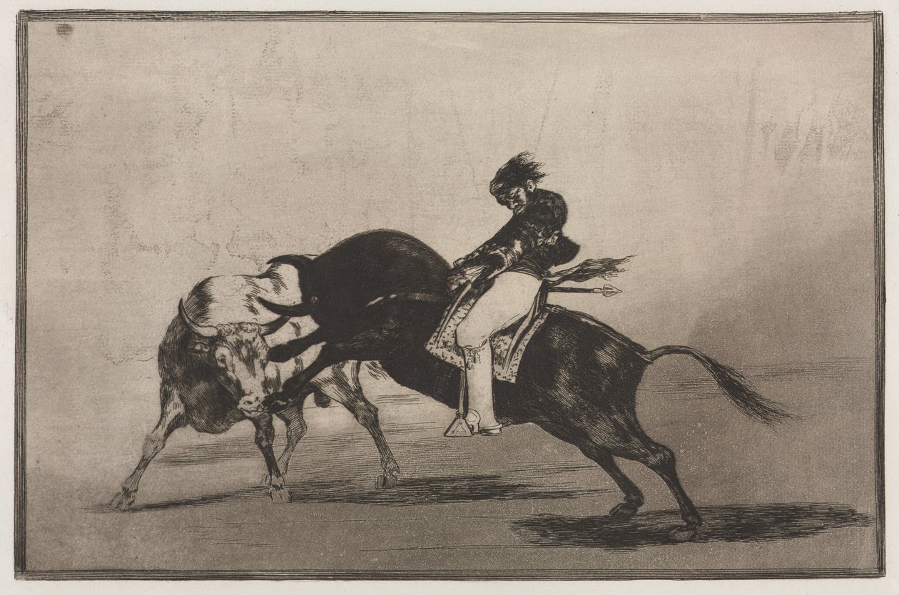 Stierkämpfe: Der gleiche Ceballos, auf einem anderen Stier reitend, bricht kurze Speere im Ring in Madrid von Francisco de Goya