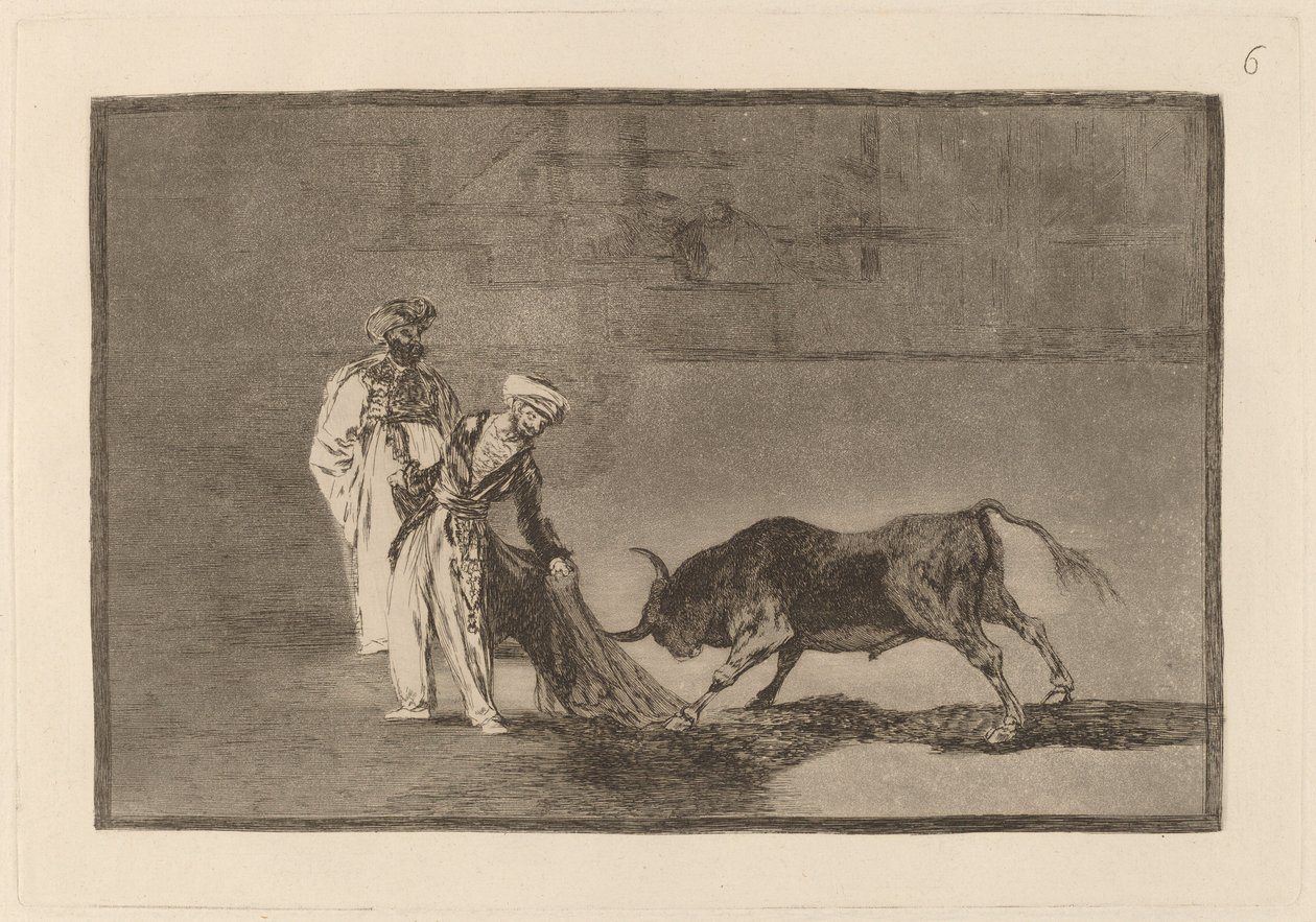 Die Mauren machen ein anderes Spiel in der Arena und rufen den Stier mit ihrem Burnus von Francisco de Goya