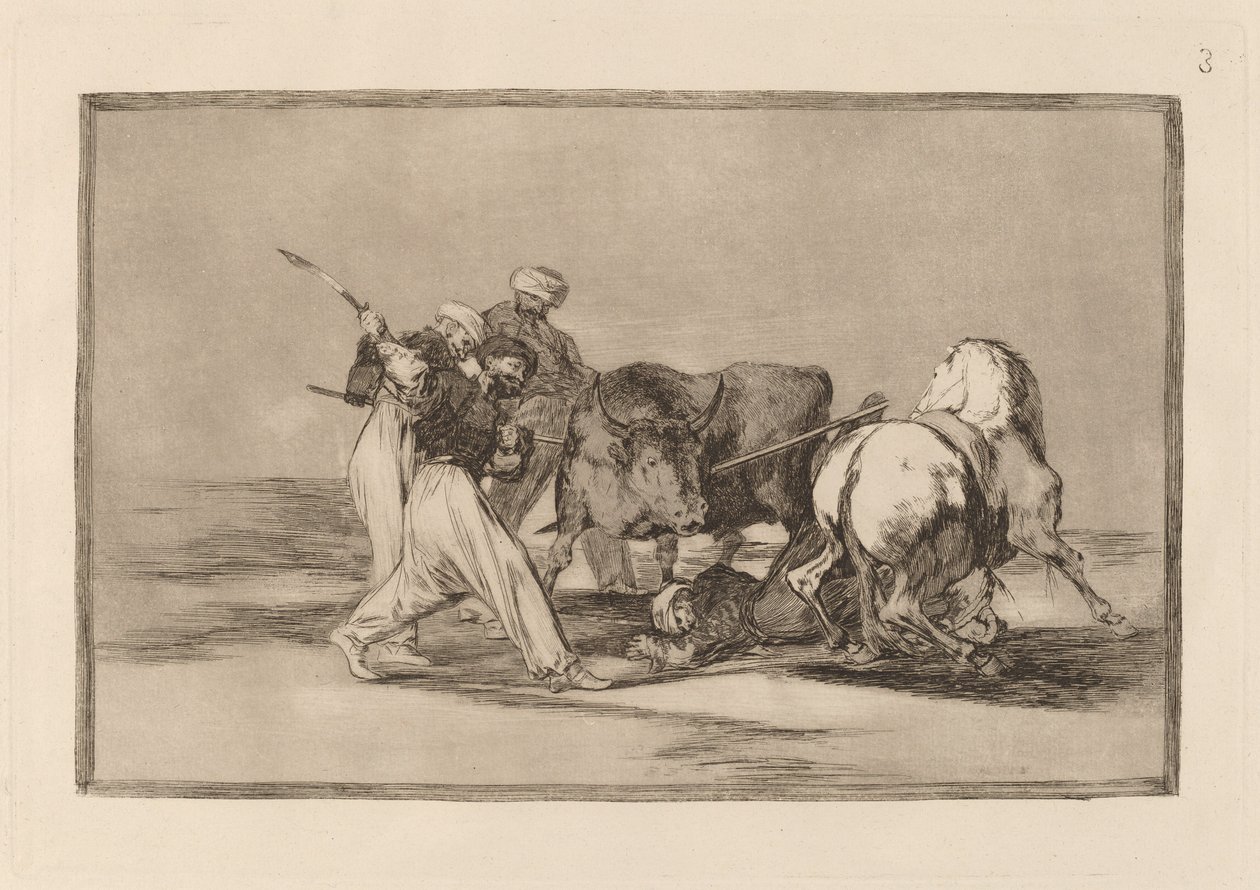 Die Mauren, die sich in Spanien niederließen, gaben die Aberglauben ihres Korans auf, übernahmen diese Jagdkunst und spießen einen Stier auf dem Feld auf von Francisco de Goya