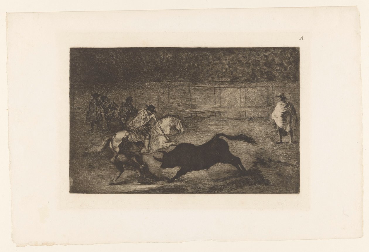 Mann zu Pferd sticht seinen Speer in einen Stier von Francisco de Goya