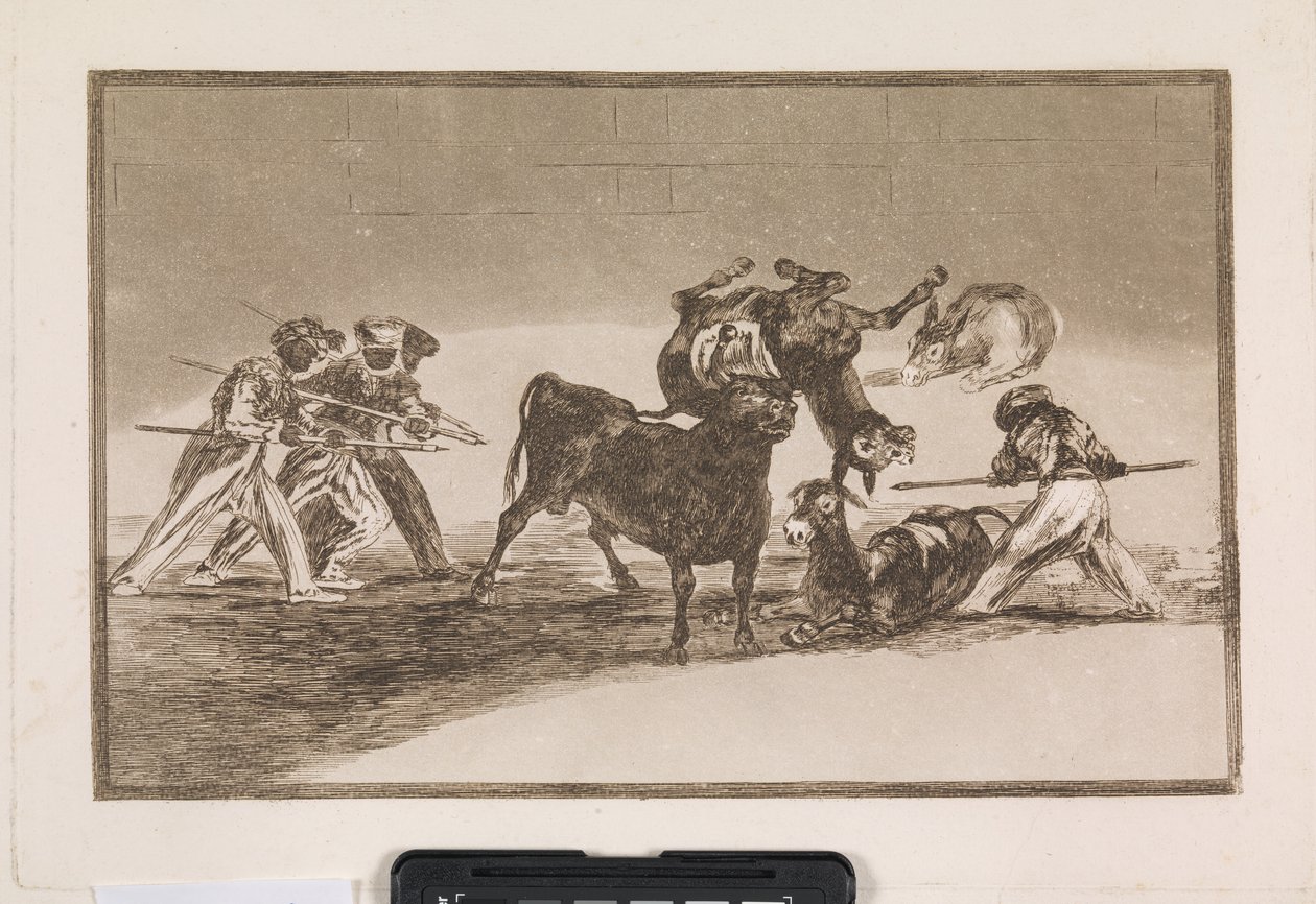 Die Mauren benutzen Esel als Barriere, um sich gegen den Stier zu verteidigen, dessen Hörner mit Kugeln versehen sind von Francisco de Goya