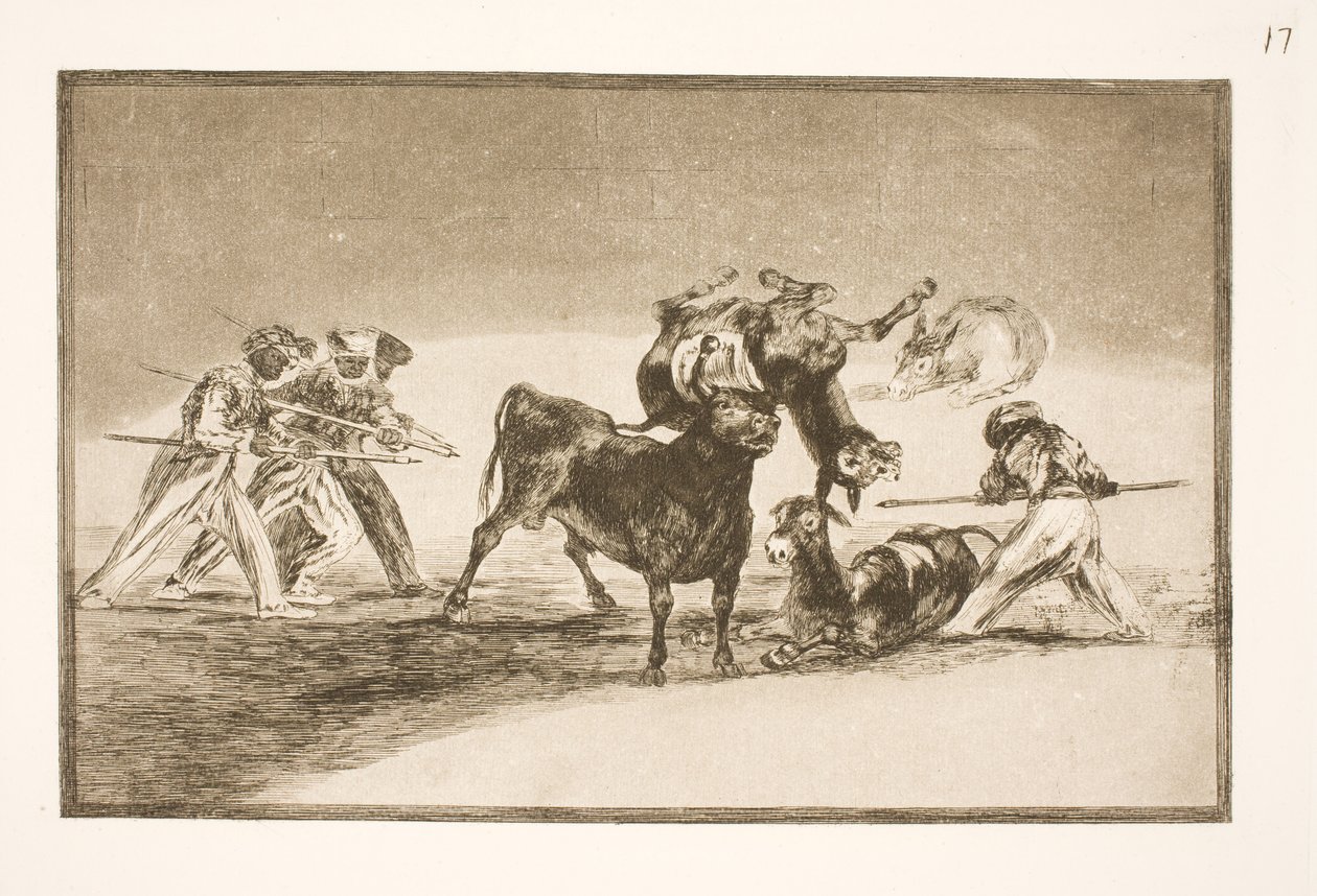 Die Mauren benutzen Esel als Barriere, um sich gegen den Stier zu verteidigen, dessen Hörner mit Kugeln versehen sind von Francisco de Goya