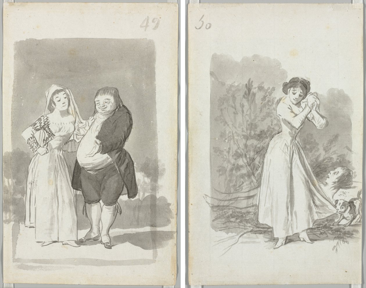 Prostituierte, die einen dicken, hässlichen Mann anwirbt (recto); Junge Frau, die ihre Hände über dem nackten Körper eines Mannes ringt (verso) von Francisco de Goya