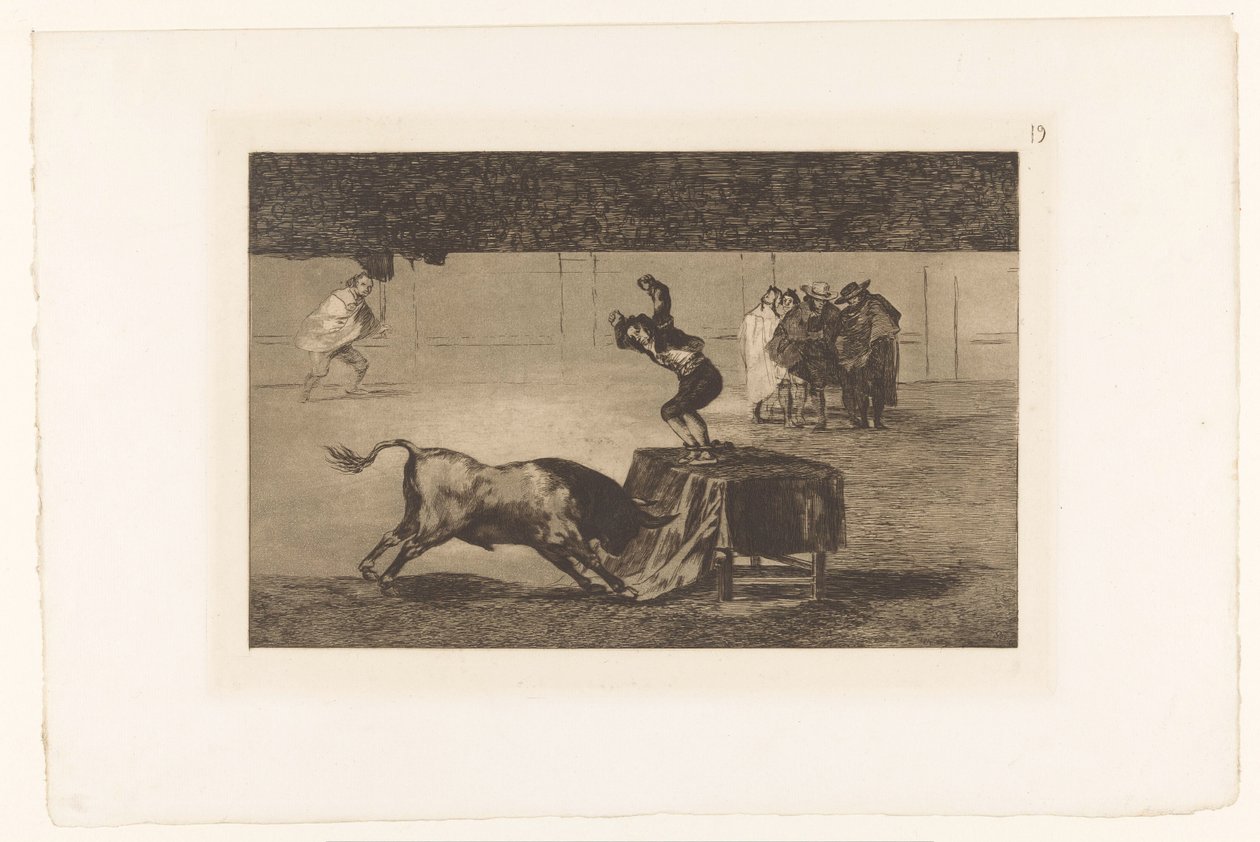Stierenvechter stehend auf einem Tisch in der Arena. Otra locura suya en la misma plaza. Stierengevechten (Serientitel). La Taureaumachie (Serientitel). La Tauromaquia (Serientitel) von Francisco de Goya