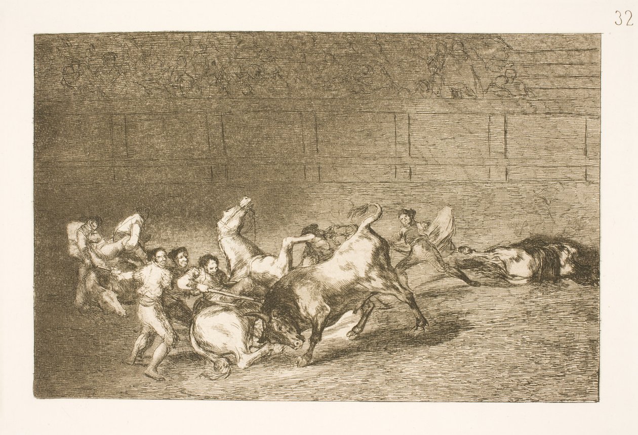 Zwei Picadores werden nacheinander von einem einzigen Stier umgeworfen von Francisco de Goya