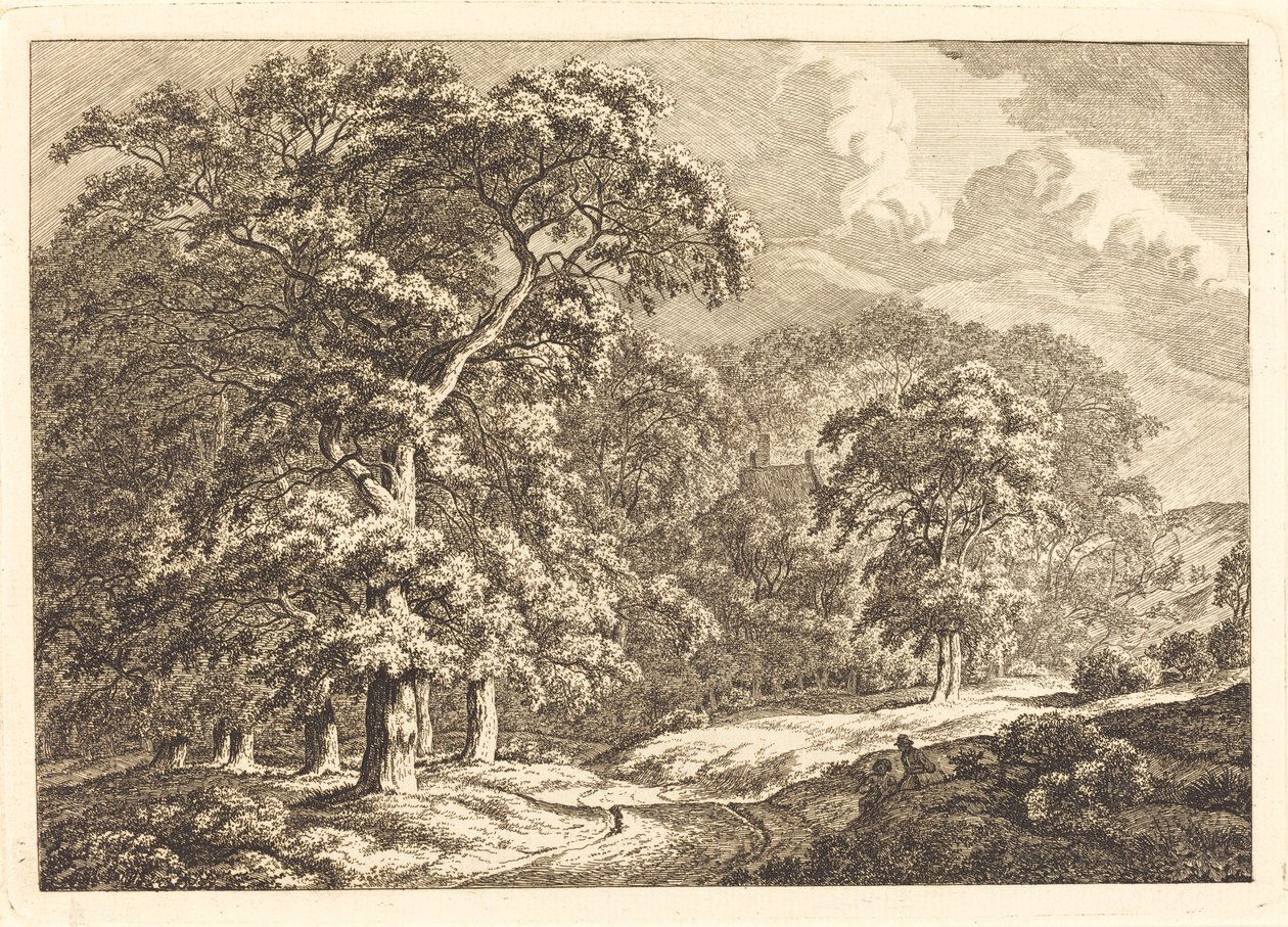 Wald mit Reisenden an einer Straße von Franciscus A. Milatz