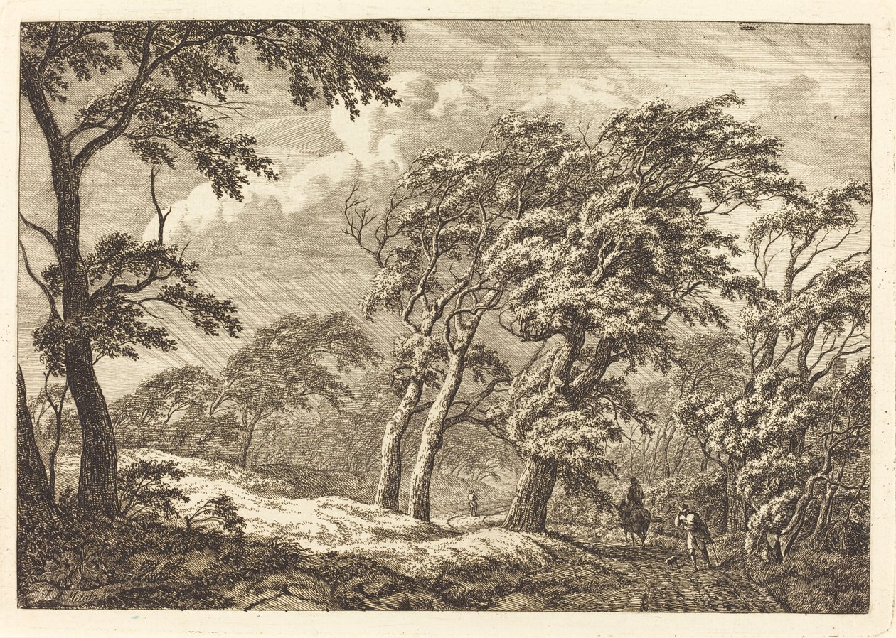 Reisende auf einer Waldstraße im Sturm von Franciscus A. Milatz