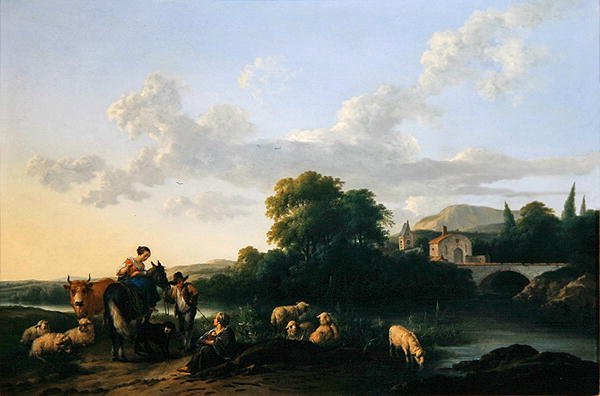 Bauern und Vieh in einer italienischen Landschaft von Franciscus Xaverius Xaverij
