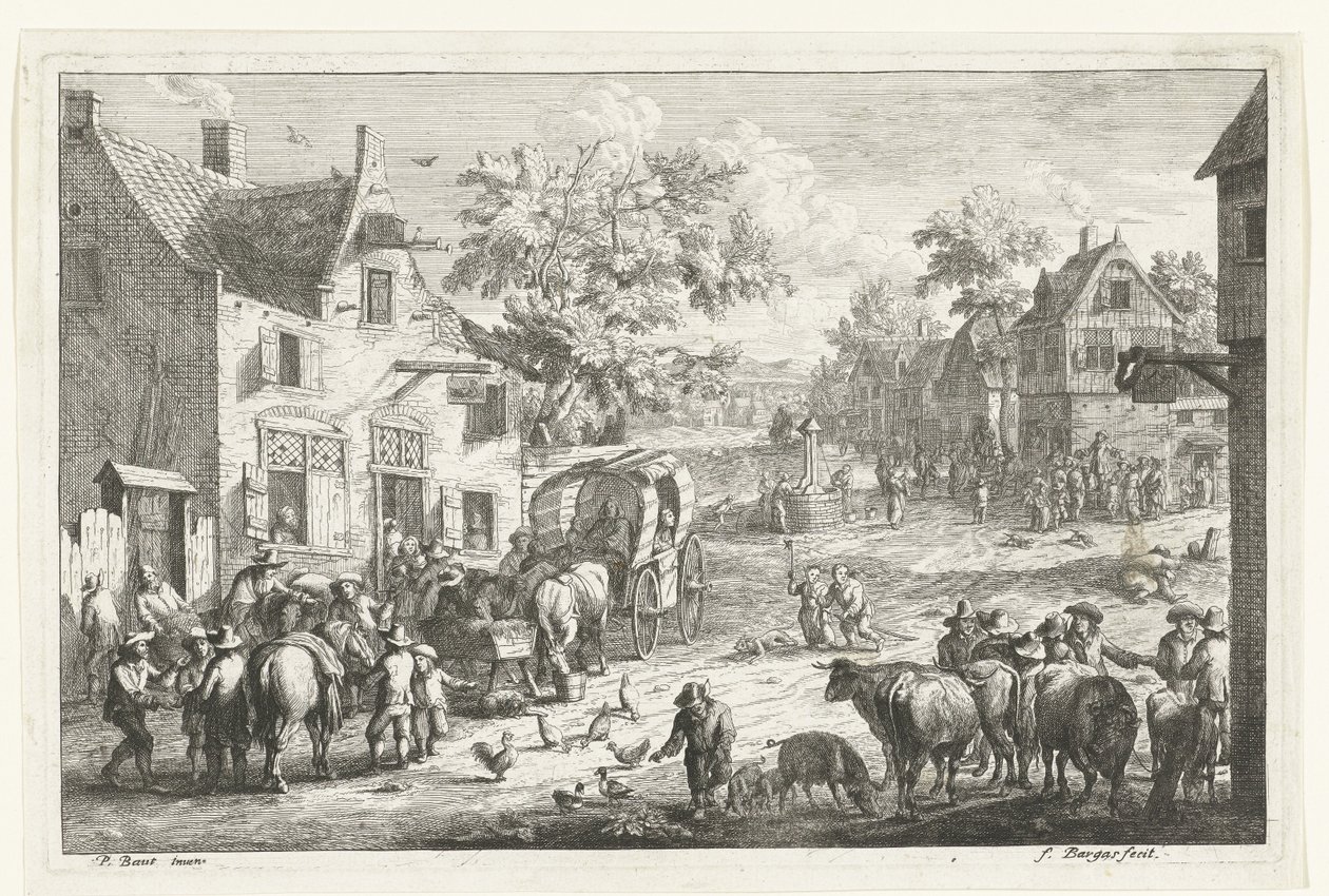 Dorfansicht mit Reisenden und Viehhändlern bei einer Herberge von Franciscus de Bargas