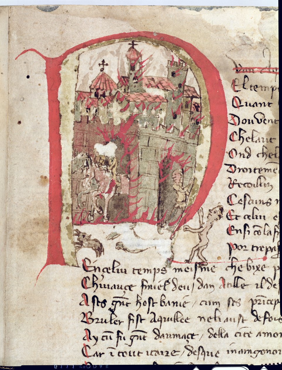 Historiierte Initiale, die Attila den Hunnen (ca. 406-453) zeigt, wie er die Stadt Aquila niederbrennt, aus Der Krieg von Attila von Nicola da Casola von Franco Italian School