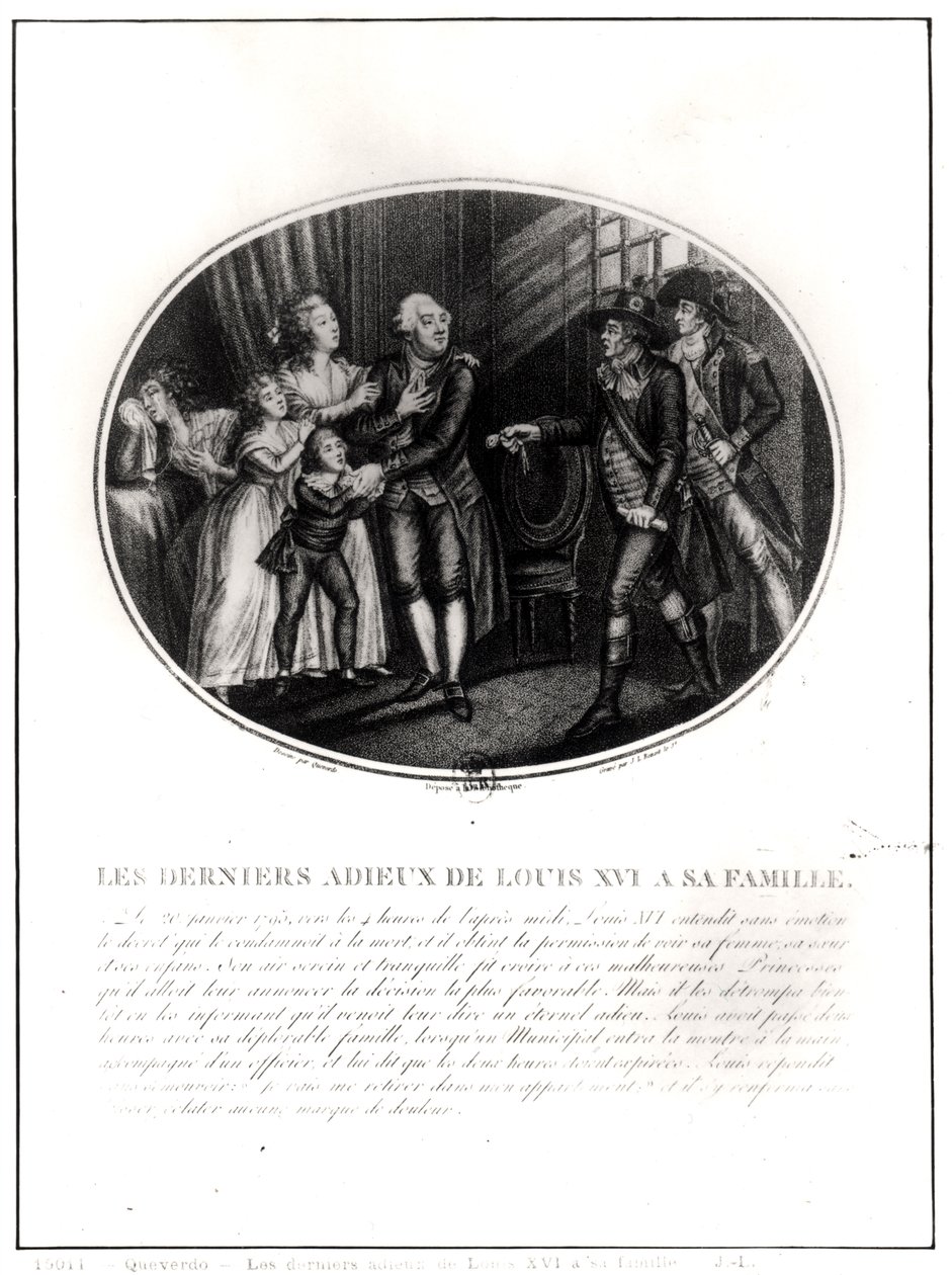 Die letzten Abschiede von Ludwig XVI. (1754-93) von seiner Familie, 20. Januar 1793, graviert von J. L. Benoist (fl.1800-40) von Francois Maria Isidore Queverdo
